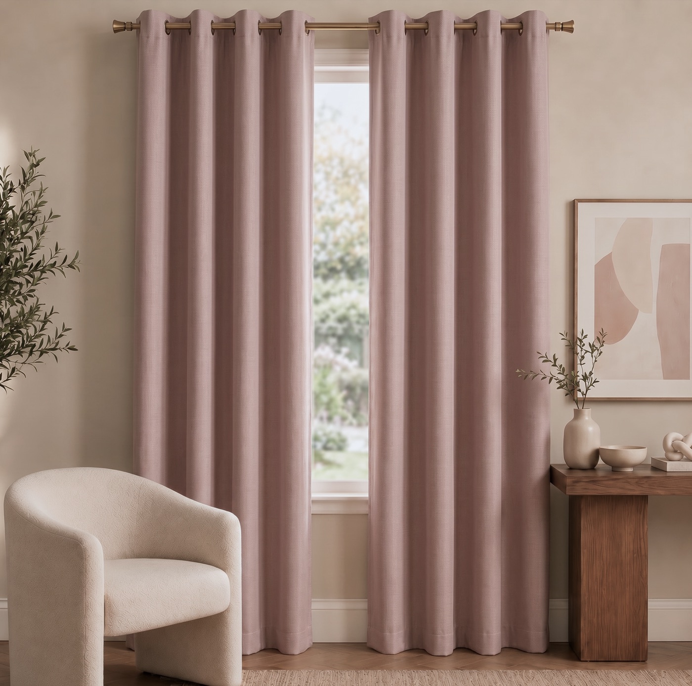 Linen-Look Blackout Curtain in Blush Pink, styled in a room