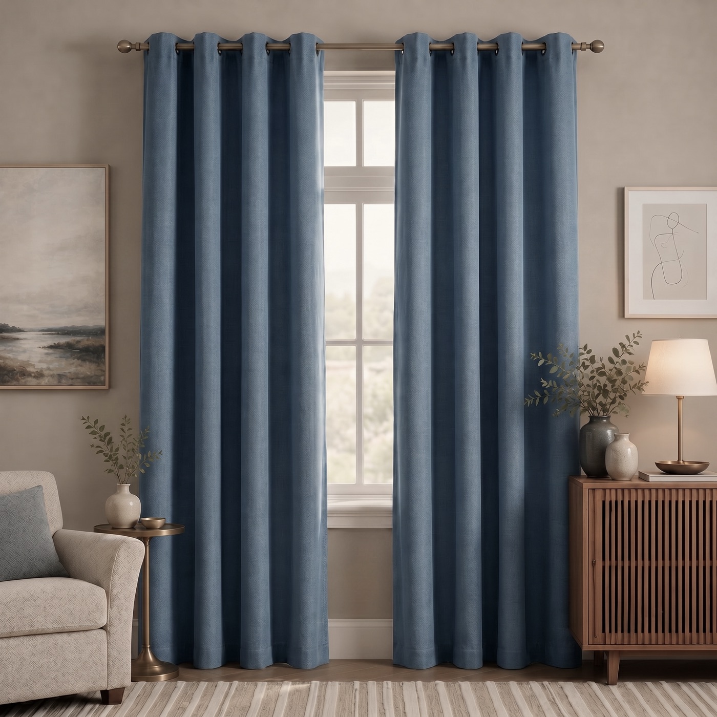 Linen-Look Blackout Curtain in Denim Blue, styled in a room