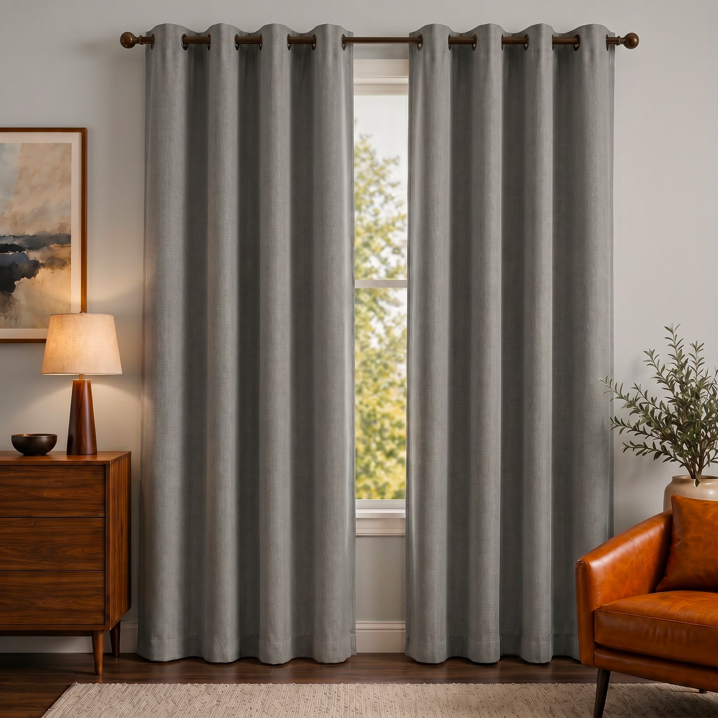 Linen-Look Blackout Curtain in Gray, styled in a room