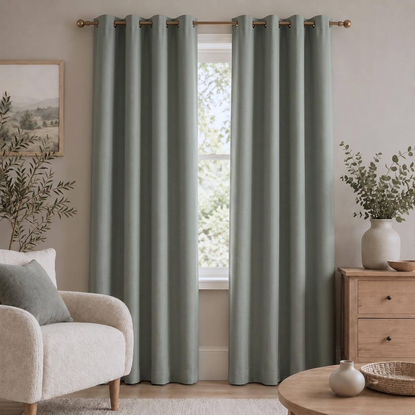 Linen-Look Blackout Curtain in Muted Sage, styled in a room