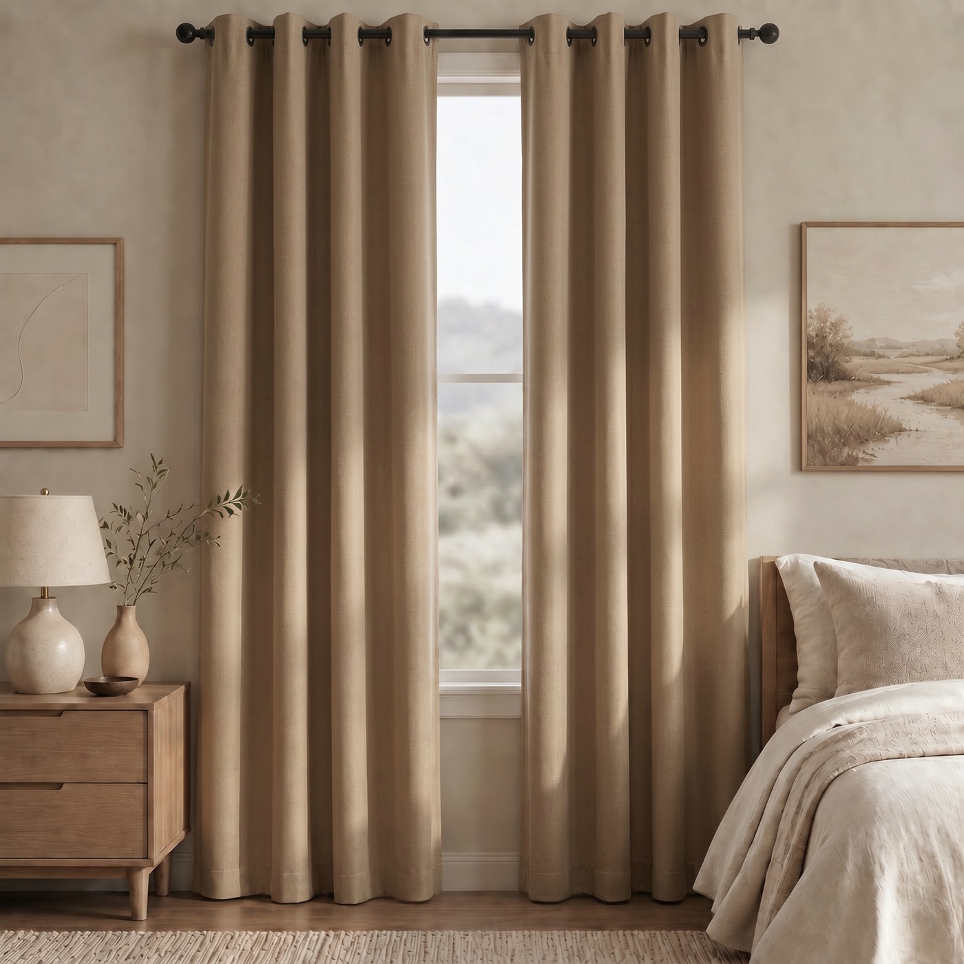 Linen-Look Blackout Curtain in Sand Beige, styled in a room