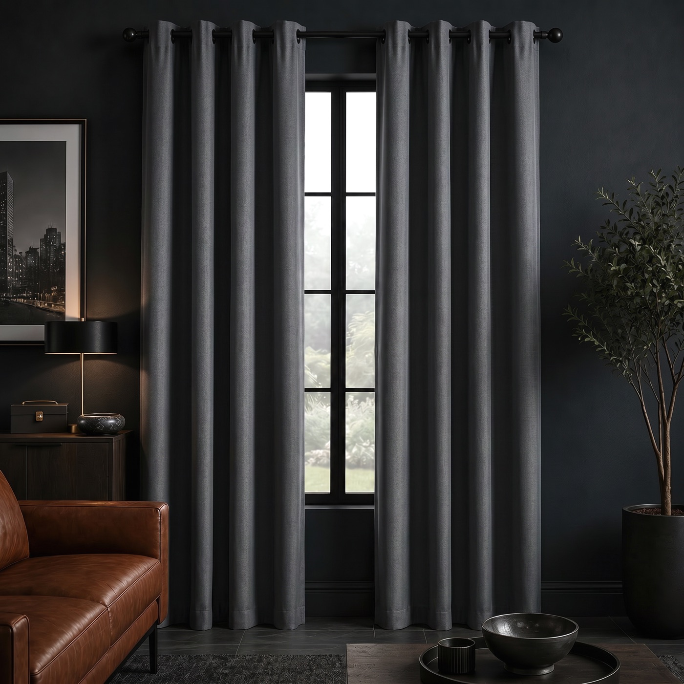 Linen-Look Blackout Curtain in Soft Charcoal, styled in a room
