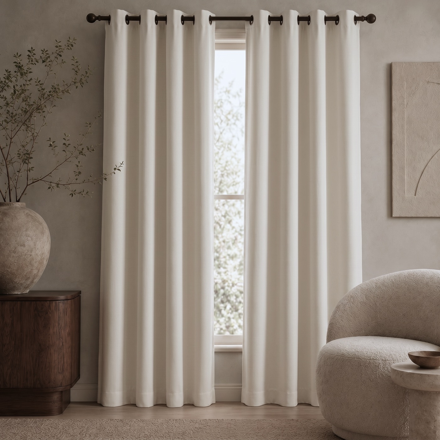 Linen-Look Blackout Curtain in Soft Ivory, styled in a room